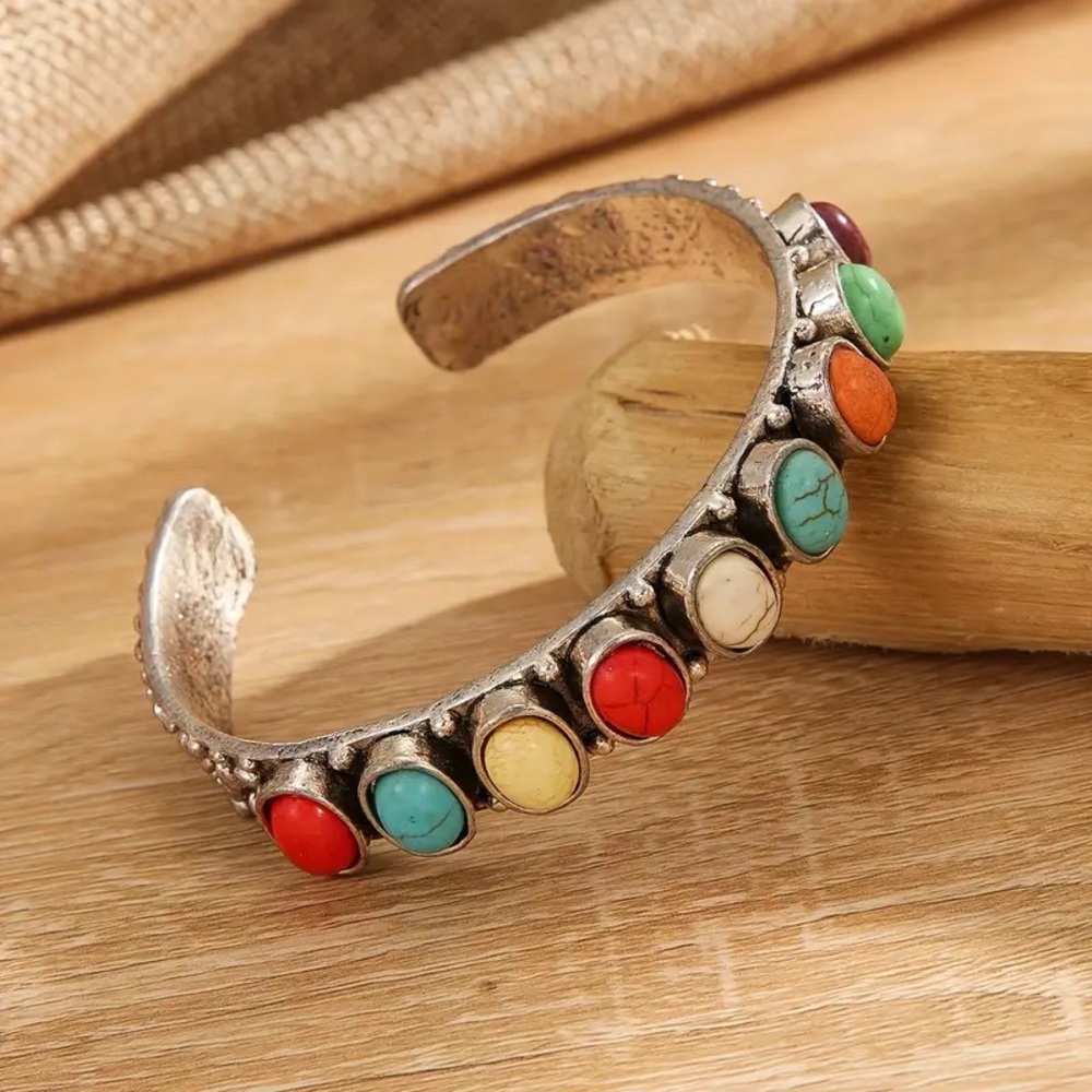 Boho Silver Open Cuff Turquoise Bracelet